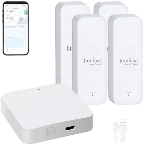 Luminea Home Control Temperaturfühler: 4er-Set Temperatur- & Feuchtigkeits-Sensoren + WLAN-Gateway, App (Alexa Hygrometer, Hygrometer WLAN App, Alarm)