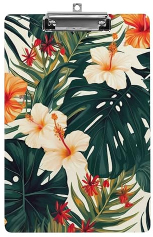 Hawaiianische Blumen-Palmenblätter, Acryl-Klemmbretter mit flachem Profil, zum Aufhängen, personalisierte Klemmbretter, entworfen für Büro und Feld, Standard-A4, Briefgröße 21,6 x 31,8 cm