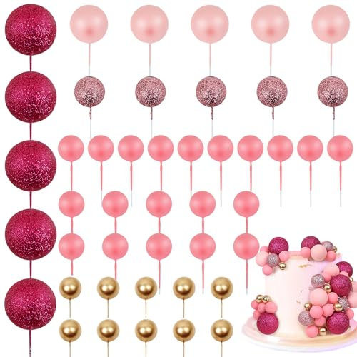 45 PCS LARDUX 45 PCS Ball Cake Toppers - Baking Cake Decorations DIY Mini Balloon Cupcake Insert for Birthday Party Baby Shower Wedding - Pink Gold Glitter