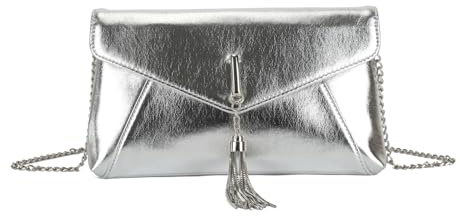 LeahWard Evening Clutch Purse, Chain Strap, Tassel Detail, Envelope Design (Silver)