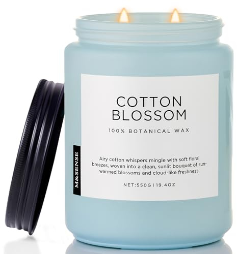 M&SENSE Candele Profumate Fiore di Cotone Fresco, candele decorative pulite 550g (fino a 110 ore), 2 stoppini aroma bianco, candela profumata regalo casa per familiari/colleghi
