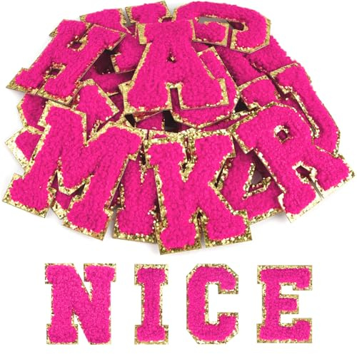 ASTARON 26 Stück selbstklebende Buchstaben Aufnäher Chenille-Buchstaben Aufkleber, A-Z gestickte Applique-Aufnäher Alphabet-Stoffaufnäher für Kleidung, Taschen, Hut, DIY-Zubehör (Rosa)