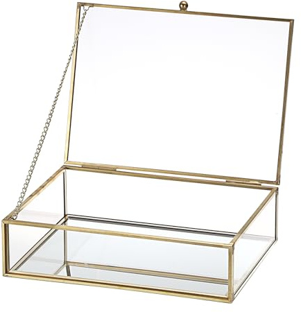 SUMTree Gold Vintage Schmuckschatulle mit Glasdeckel Metall Schmuckvitrine Rechteckige Schmuckbox Display Schmuckkästen Geschenk für Damen Aufbewahrungsbox für Schlafzimmer, Wohnzimmer, Arbeitszimmer