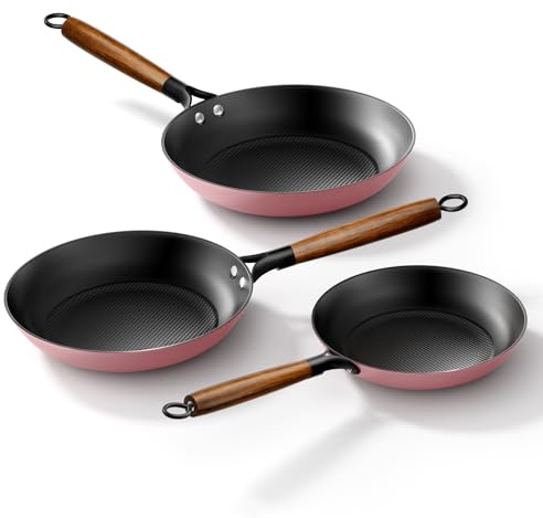 YUTANN Gusseisenpfanne, Antihaft-Bratpfanne, Frying Pan, Abnehmbarer Holzgriff, PFAS-Frei/PFOA-Frei, Beschichtete Pfanne Für Gasherd Induktion Oven (Rosa, 3pcs)