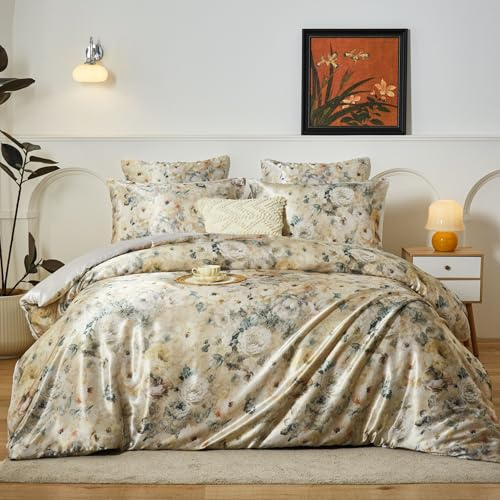YASMENG Copripiumino in raso 220 x 240 cm beige, motivo floreale lucido deluxe, set da letto in raso morbido e setoso, biancheria da letto matrimoniale per adulti con cerniera e federe 65 x 65 cm