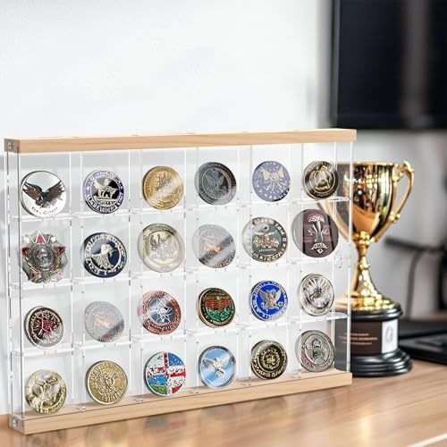 Challenge Coin Display Case 16 /24 Compartments Acrylic Military Challenge Coin Holder Versatile Pin Display Case for Collectors(24 grid)