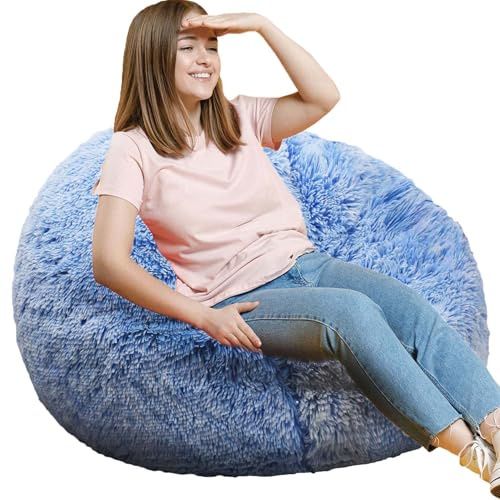 Fluffy Bean Bag Chair, 3FT Round Foam Filled Bean Bag for Teens & Kids, Ultra Soft Faux Fur Fabric Bean Bag Chairs for Playroom, Living Room, Bedroom, Blue