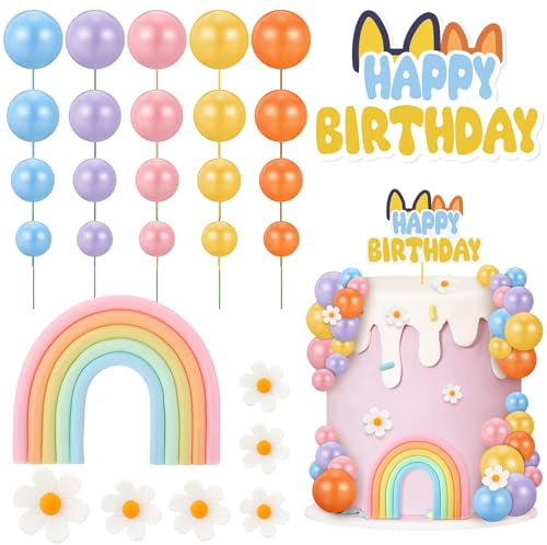 38 Pcs Rainbow Cake Topper with Daisy Balls Cake Topper, Pastel Cupcake Toppers Cake Decorations for Birthday Wedding Party Supplies