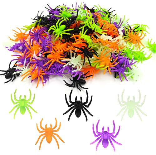 Affivia 150 Stück Plastik Spinnen Halloween Deko 3,3×3,5cm, 5 Farben Spinne Deko,Plastikspinne Klein,Grusel Plastikspinnen Halloween Streudeko Tischdeko, Scherzartikel Fake Spinnen für Helloween Party