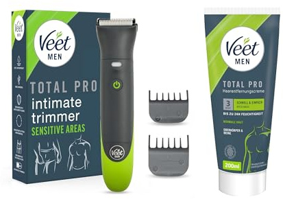 Veet Men Intimate Trimmer + Haarentfernungscreme 200 ml – Intimrasierer & Enthaarungscreme für Männer – Für Körper & Intimbereich – Bundle mit Spatel
