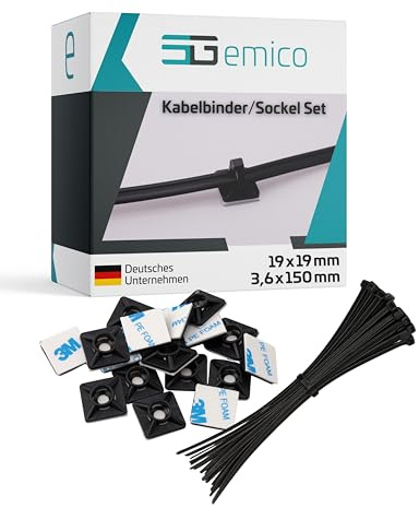 emico Kabelbinder & Sockel Set - 3,6x150 mm / 19x19 mm - Je 100 Stück Schwarz - Aus PA 6.6 - Schnelle Montage ohne Werkzeug (3M-Kleber) - Ideal für Organisation, Befestigung & Bündelung aller Art
