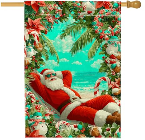 Drapeau de maison du Père Noël, palmier tropical, bonhomme de neige, toile de jute rouge, double face, drapeaux décoratifs pour extérieur, terrasse, cour, pelouse, entrée, balcon, 71 x 101,6 cm