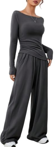 DURINM Chándal de dos piezas para mujer otoño traje de manga Invierno Punto Mujer Conjunto de Salón de Manga Larga Color Sólido Conjunto Vestir con bolsillos