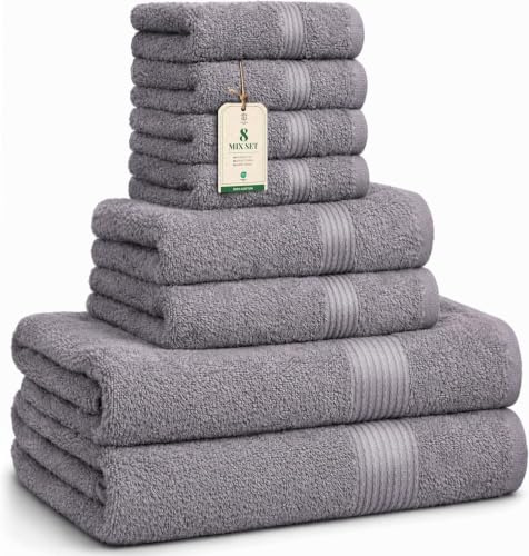 HomeBurg Luxe Set de Toallas 100% Algodón - 8 Piezas, 3 tamaños (30×30, 40×70 y 65×137 cm) - Suaves, absorbentes y de fácil Cuidado, Gris Piedra