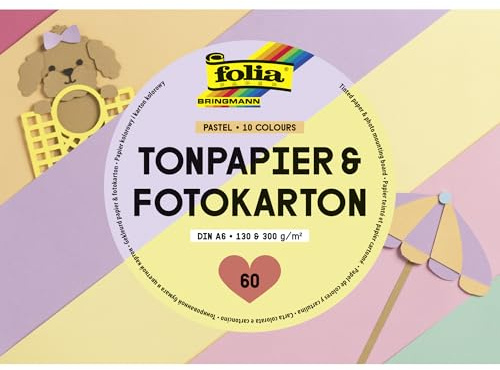 folia 6604 - Tonpapier & Fotokarton PASTEL, DIN A6, Block mit 130 g/m² Tonpapier und 300 g/m² Fotokarton, 60 Blatt in 10 Farben, zum Basteln, Verzieren und Dekorieren
