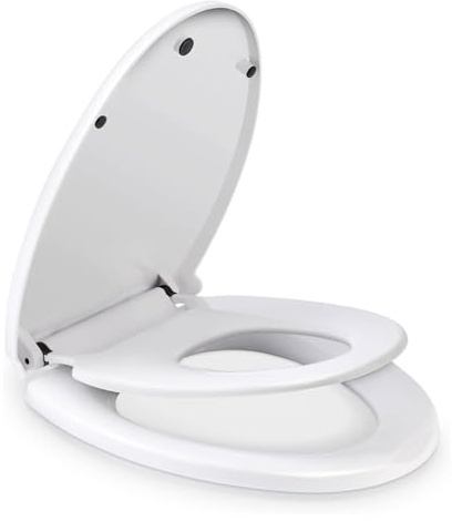 Tapa WC con Asiento Infantil Integrado, Asiento de Inodoro Familiar Universal con Cierre Suave, Liberación Rápida, Bisagra Ajustable, Material PP Resistente, Fácil de Instalar, Blanco