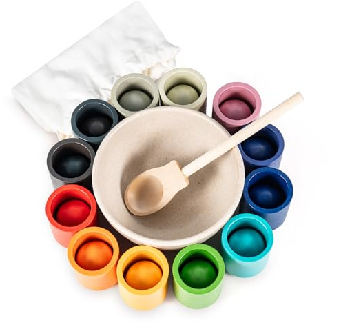 ARATERVIO Montessori Spielzeug aus Holz - 12 Regenbogen Kugeln & Becher zum Farben Sortieren und Stapeln, Pädagogisches Lernspiel für Kleinkinder ab 1 Jahr, Inklusive Schüssel, Löffel & Greifzange