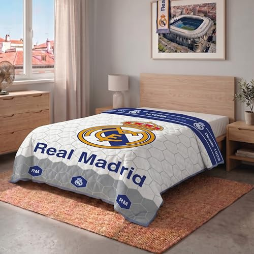 Real Madrid CF - Colcha Verano CF Blanco Cama 90-105 cm (180 x 260 cm) Azul, Escudo Grande, Blanco