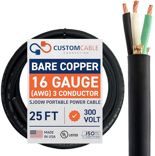 16/3 SJOOW 300V Cable – 16 Gauge (16 AWG) Portable Power Cable with 3 Conductors – Fully Annealed Stranded Bare Copper Wires – Water & Oil Resistant for Heavy Duty Industrial Use – USA Made (25ft)