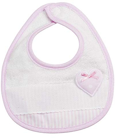 Filet - Bavaglino in Morbida Spugna con Riporto a Righe e Inserto in Tela Aida da Ricamare, Applicazione a Forma di Cuoricino con Fiocchetto, Ideale per Neonati, Made in Italy, Color Bianco e Rosa