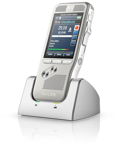 Philips DPM8000 Digitales Diktiergerät, Bedienung per Schiebeschalter, 3D-Mikrofon für ausgez. Stereo-Tonaufnahmen, Farbdisplay, Edelstahlgehäuse, inkl. Diktiersoftware SpeechExec Pro 2-Jahres-ABO