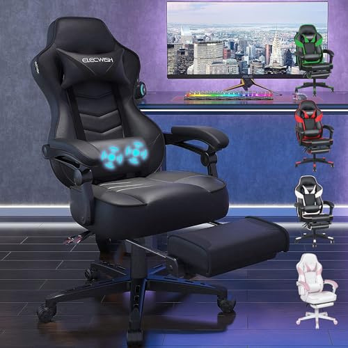 YU YUSING Gaming Stuhl Ergonomisch mit Fußstütze, Massage Bürostuhl Racing | Gaming Sessel Höhenverstellbar , Schreibtischstuhl Computerstuhl 90-150° Rückenlehne Verstellbar, Kopfstütze (Schwarz)
