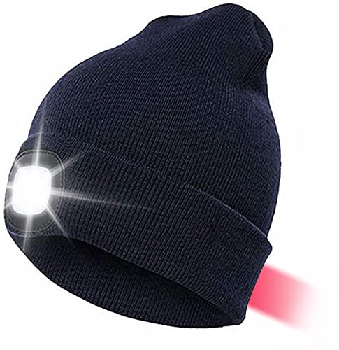 LED Mütze Kappe Mit Vorne Hinten Licht, Herren Damen Kappe Strickmütze USB Nachladbare Lampe, 8 LED Beleuchtung und Blinkende Warnungs,Winterwärmer Strickkappe Stirnlampe Laufmütze(Blau,Einheitsgröße)