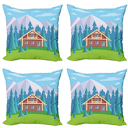 ABAKUHAUS Blockhaus Kissenbezug Set (4 Stück), Holzhaus in Berg, moderner doppelseitiger Digitaldruck, 40 cm, Mehrfarbig