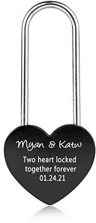 Personalised Love Heart Lock Engraved Name Date Text Lock Heart Love Padlock with Key Custom Padlock for Girls ​Couples Gift for Birthday Wedding (Black)