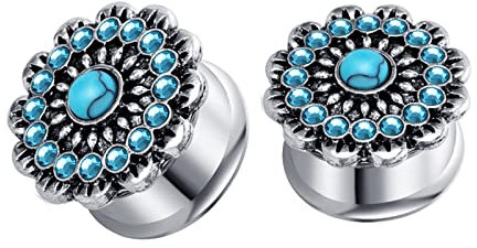 2 Stück Flesh Tunnel 8mm Tunnel Setaus Edelstahl 0G Blume mit Türkis und Zirkonia Piercing Plugs Ear Piercing Expander Flesch Tunnel Plugs