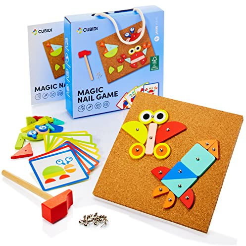 CUBIDI® Gioco con Martello e Chiodi Bambini Montessori - Kit Lavoretti Creativi per Bambini con Lavagna in Sughero. Giochi da Tavolo per Sviluppare la creatività e Le Abilità Motorie Fini.