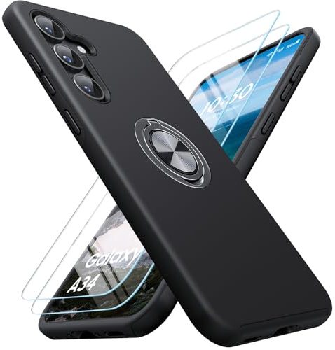 AOUIA for Samsung Galaxy A34 5g Case, Ring Stand Samsung A34 5G Phone Case | 2 Pack Tempered Glass Screen Protector, Shockproof Anti Scratch 360° Kickstand Holder Phone Cover for Samsung A34, Black