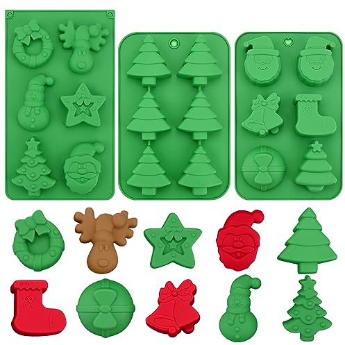 Bekecidi Lot de 3 Moules de Noël en Silicone, Arbre de Noël, père Noël, Bonhomme de Neige, Renne, Moules à Chocolat, Savon, Bonbons, Gelée, Gâteau, Moule de Cuisson en Silicone pour Décoration de Noël