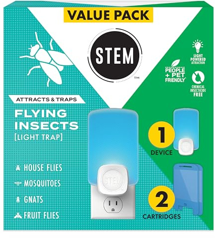 STEM Light Trap: Indoor Fruit Fly Trap, Effective Insect Control for Home, Attracts and Traps Flying Insects, Emits Soft Blue Light, Starter Kit with 1 Plug-In Device and 2 Cartridges