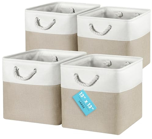 OrganiHaus Aufbewahrungsbox 33x33x33 cm 4er-Set, Aufbewahrungsbox Stoff, Kallax Boxen, Faltbare Regalkorb, Ablagekörbe für das Kinderzimmer, Körbe für Kallax, Aufbewahrungswürfel Beige/Weiß