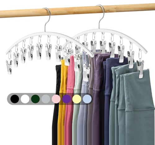 Legging Organizer for Closet, Metal Yoga Pants Hanger w/Rubber Coated 2 Pack w/10 Clips Hold 20 Leggings, Hangers Space Saving Hanging Closet Organizer for Closet Organizers and Storage-White