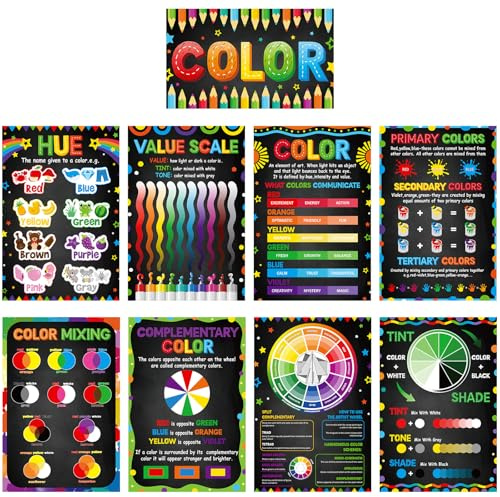 Outus 9 Pcs Art Posters Classroom Decoration Color Theory Knowledge Bulletin Board Set Elements of Art Design Educational Wall Door Decor for Elementary Middle High School Teacher Supplies(Black)