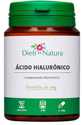Dieti Natura 60 Cápsulas de Origen Vegetal de Ácido Hialurónico - Ácido Hialurónico con Colágeno Marino, Vitamina C y E - Para la Piel y Ariculaciones - Garantía sin OGM