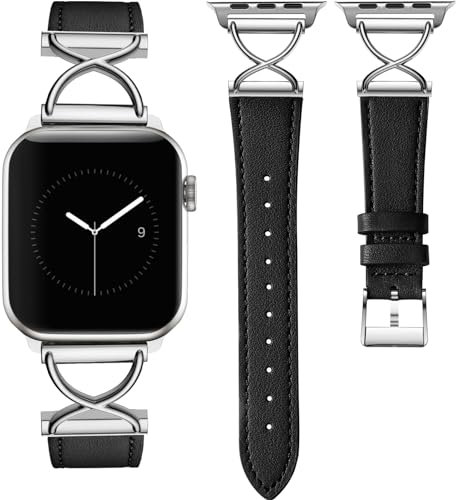 CeMiKa Bracelet Cuir Compatible avec Apple Watch 41mm 40mm 38mm Femmes, Mince en Cuir Véritable avec X-Shape Métal pour iWatch Series 9 8 7 6 5 4 3 2 1 SE, Noir/Argent