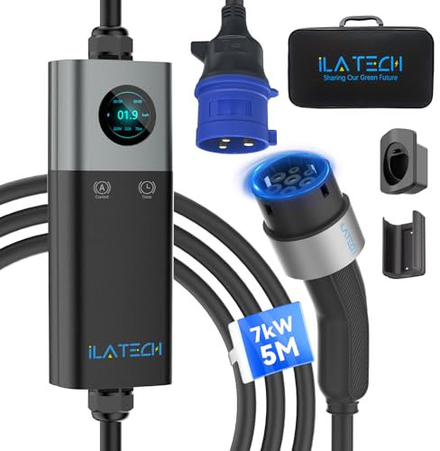 iLa Tech Mobile Wallbox Tipo 2 7kW con CEE Spina, EV Caricatore 32A Monofase con 5 Metri Cavo Ricarica Auto Elettrica, Corrente Regolabile, LCD Display, IP66, Supporto&Borsa Trasporto