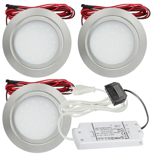 Lichtfaktor24 3er Set LED Möbel Einbaustrahler 12V ultra flach 2.4W Einbauleuchten Mila 160lm mit LED Trafo und 230V Zuleitung 3000K Warmweiß Lochausschnitt: 58 bis 60mm Silber Plug and Play Spots