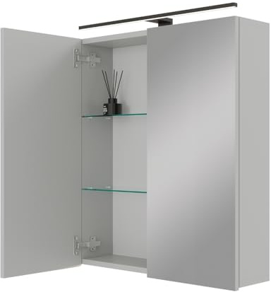 Planetmöbel ARIA Spiegelschrank Bad mit Beleuchtung 60 cm breit | Badschrank hängend mit Spiegel, Weiß Grau, mit Leuchte und Steckdose, Spiegelschrank Gäste WC 60 x 70 x 16 cm