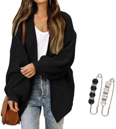 Nbzsmlkn Womens Cardigan Sweaters,Womens Oversized Cardigans Long Lantern Sleeve Chunky Knit Loose Fall Sweater Coats,Casual Open Front Outwear Knitwear Coat (Black,L)
