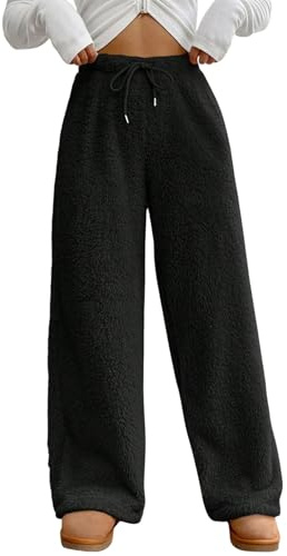 shownicer Schlafanzughose Damen Fleecehose Flauschige Plüschhose Pyjamahose Winter Warme Freizeithose Mit Kordelzug Haushose Jogginghose Sporthose A Schwarz XL