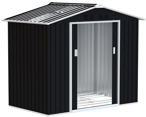 Outsunny Abri de jardin extérieur avec base de renfort sans sol, 2 portes coulissantes et 4 fenêtres, 213 x 130 x 185 cm, gris foncé