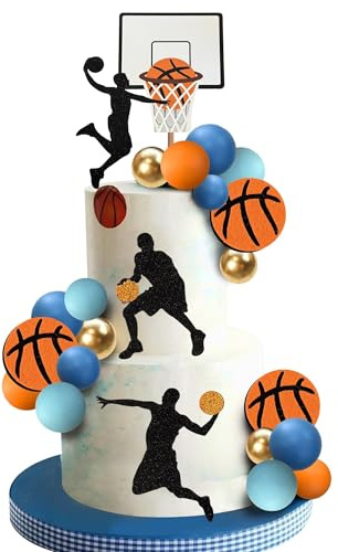 CharmeFleur 24 Pieces Basketball Cake Decorations Blue Orange Basketball Theme Cake Decorating for Boys Sports Cake Party Decorations Sport Party