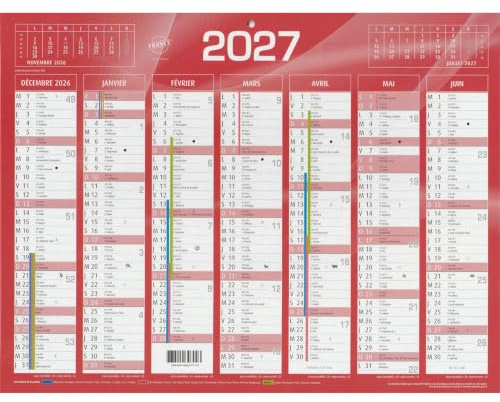 Calendrier Mural 2027 - Format Bancaire - 27 x 21 cm - 18 Mois - Rouge