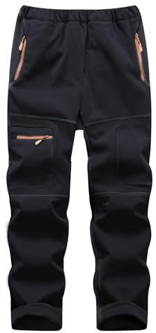 BWBIKE Snö vattentäta vindtäta byxor för barn, ungdomar, utomhus, fleece, lind, vandring, softshell, varma isolerade byxor med 4 fickor med dragkedja, Svart, 140-146