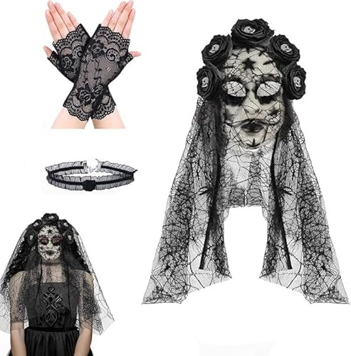 WZBBJuser Masque De Mort-Vivant d'Halloween, Masque Voile Rose Du Dia de los Muertos Correspondance Gants Du Jour Des Morts Collier, Accessoire Du Jour Des Morts Pour Déguisement De Carnaval