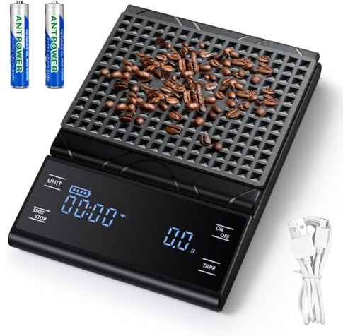 Digital köksvåg och kaffevåg med timer 0,1 g precisionsvåg för espresso, filterkaffe och kök, 5 kg/0,1 g fin våg, USB-C, LCD-display, automatisk tarering